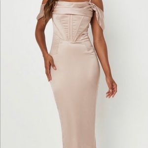 carli bybel x missguided champagne drape neck satin corset midaxi dress